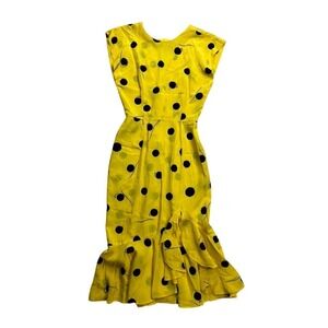 Sterling Silver Vintage Yellow Polka Dot Ruffle Hem Midi Dress Womens 0/2 80s 90